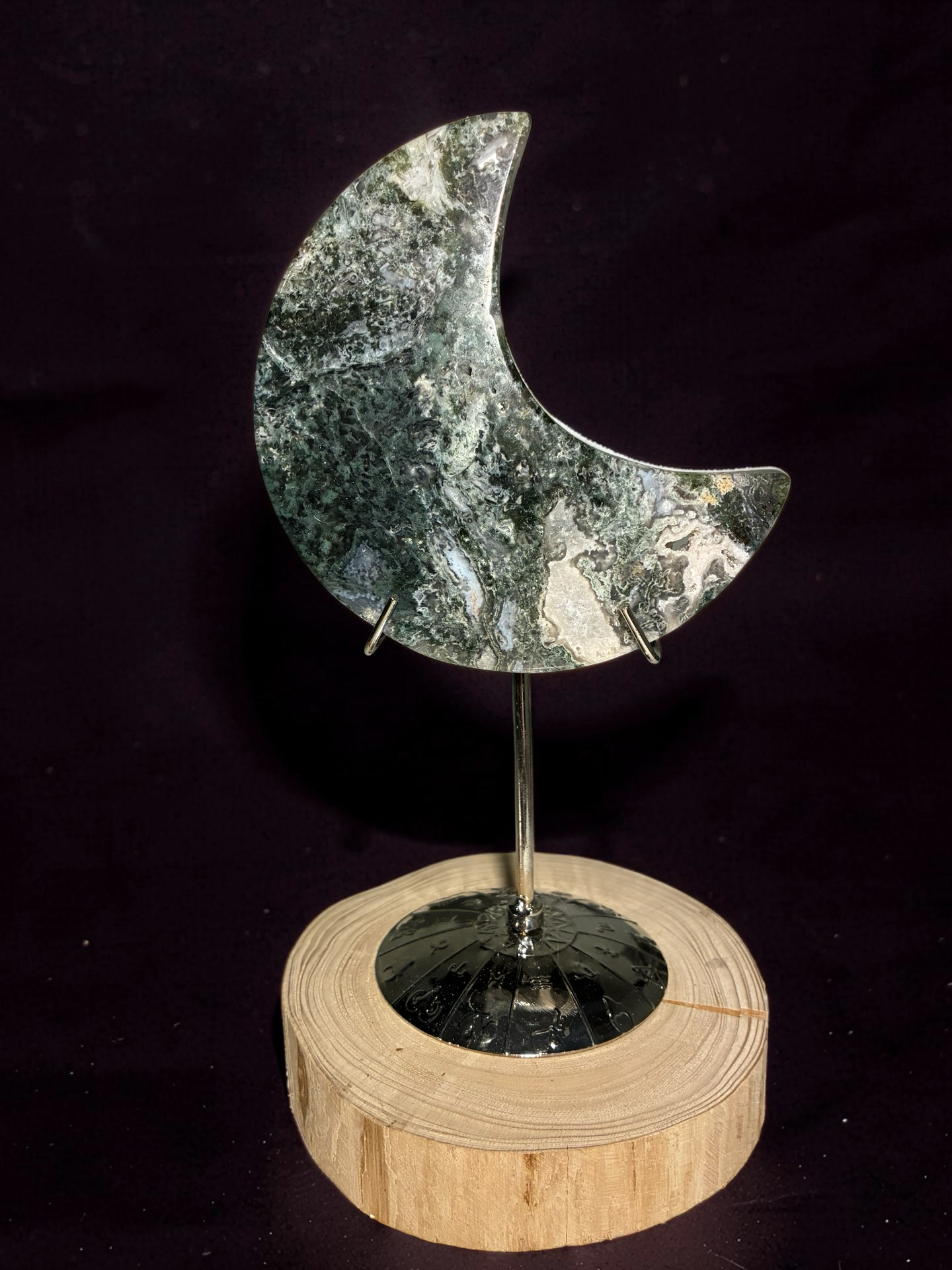 Moss Agate moon on stand